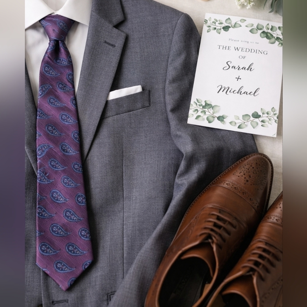 💜 F.O.C. Silk Paisley Tie - Wedding Guest • Classic Menswear • Plum & Blue